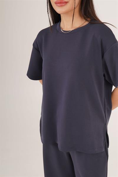 Bel Bağlama Detaylı ve Salaş Tişört Modal Lacivert Takım