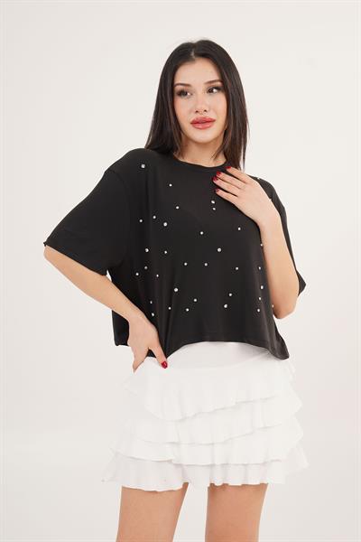 Önü Taş Detaylı Salaş Modal Siyah Crop