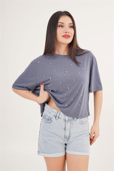 Önü Taş Detaylı Salaş Modal İndigo Crop