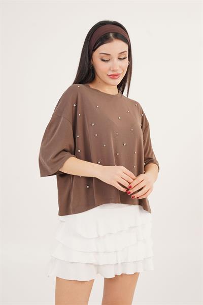 Önü Taş Detaylı Salaş Modal Kahverengi Crop	