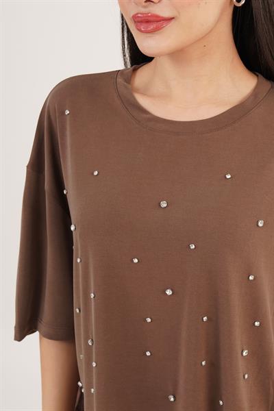 Önü Taş Detaylı Salaş Modal Kahverengi Crop	