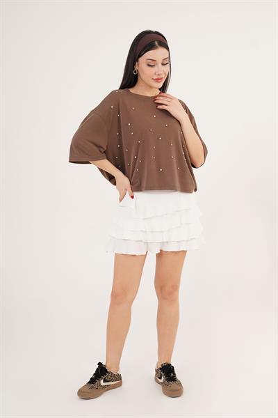 Önü Taş Detaylı Salaş Modal Kahverengi Crop	