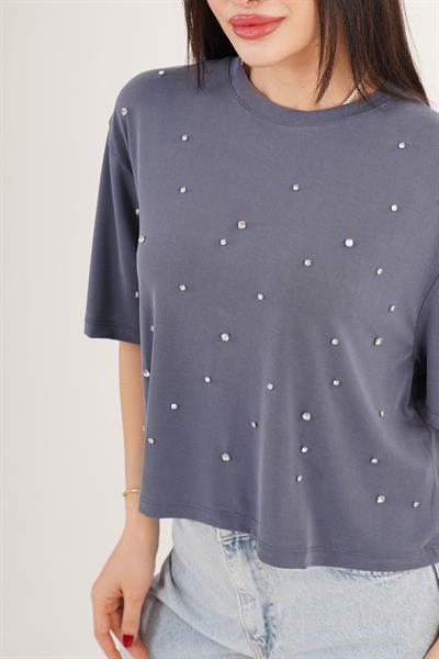 Önü Taş Detaylı Salaş Modal İndigo Crop