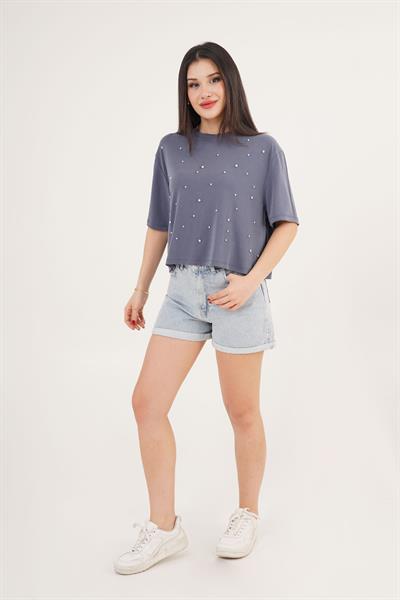 Önü Taş Detaylı Salaş Modal İndigo Crop