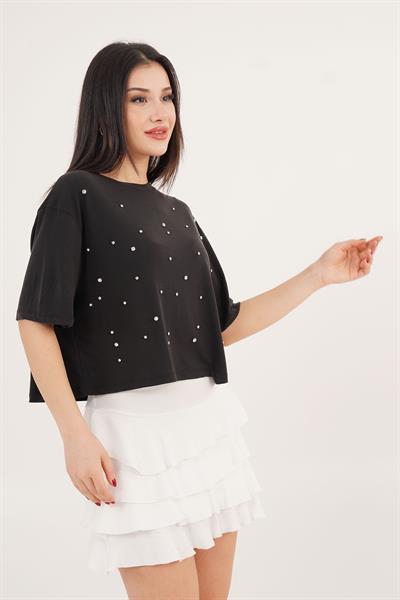 Önü Taş Detaylı Salaş Modal Siyah Crop