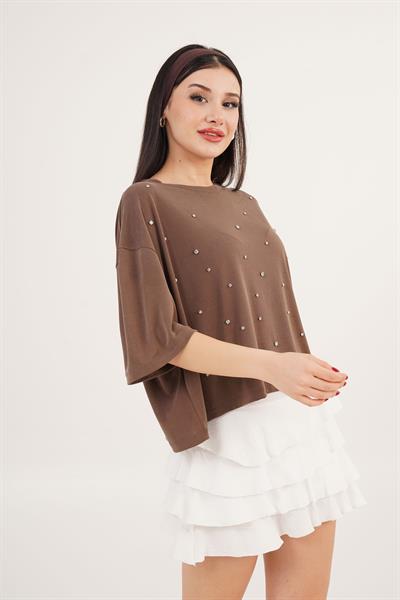 Önü Taş Detaylı Salaş Modal Kahverengi Crop	