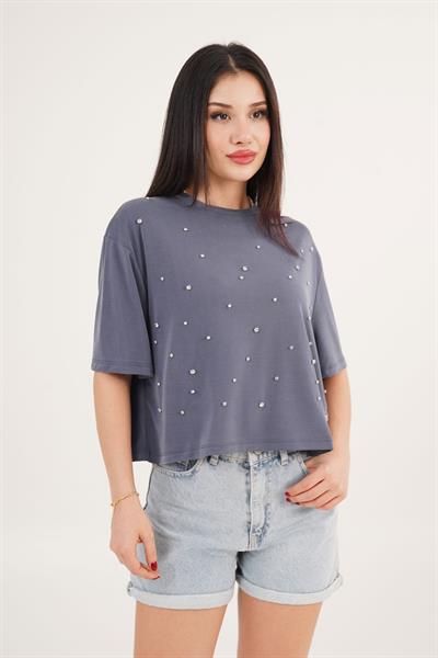 Önü Taş Detaylı Salaş Modal İndigo Crop