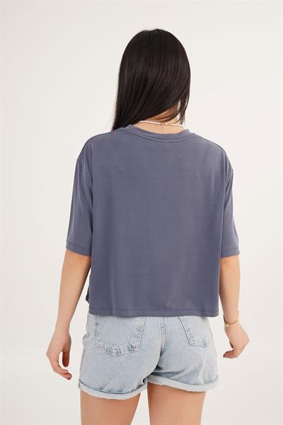 Önü Taş Detaylı Salaş Modal İndigo Crop