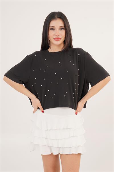 Önü Taş Detaylı Salaş Modal Siyah Crop