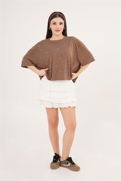 Önü Taş Detaylı Salaş Modal Kahverengi Crop	