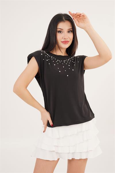 Vatkalı Taş Detaylı Modal Siyah Tişört	