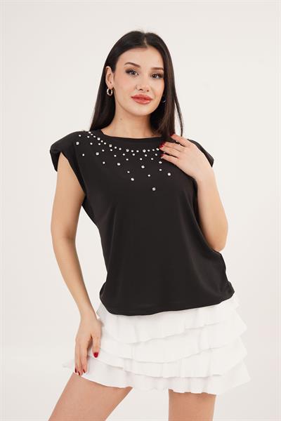 Vatkalı Taş Detaylı Modal Siyah Tişört	