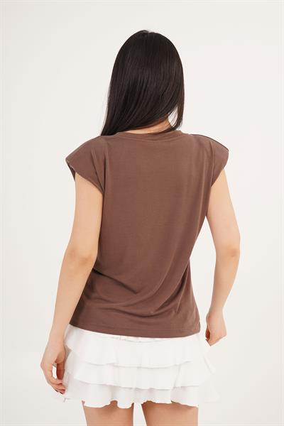 Vatkalı Taş Detaylı Modal Kahverengi Tişört