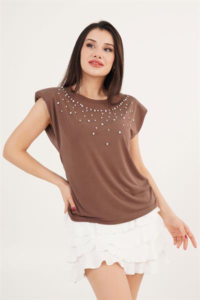 Vatkalı Taş Detaylı Modal Kahverengi Tişört