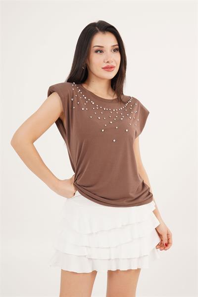 Vatkalı Taş Detaylı Modal Kahverengi Tişört