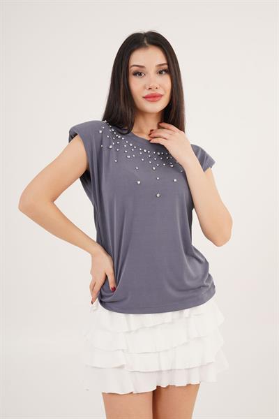 Vatkalı Taş Detaylı Modal İndigo Tişört