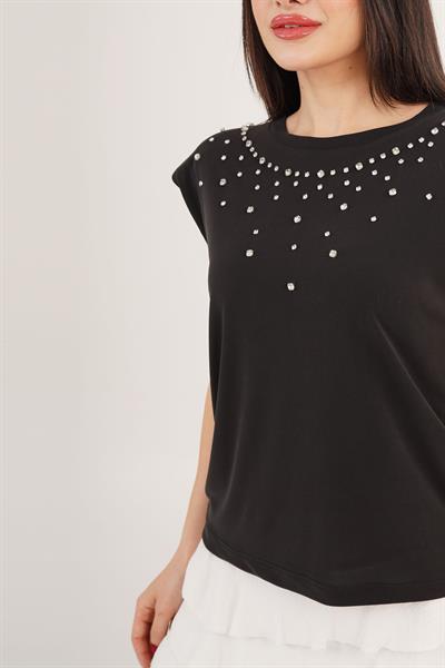 Vatkalı Taş Detaylı Modal Siyah Tişört	