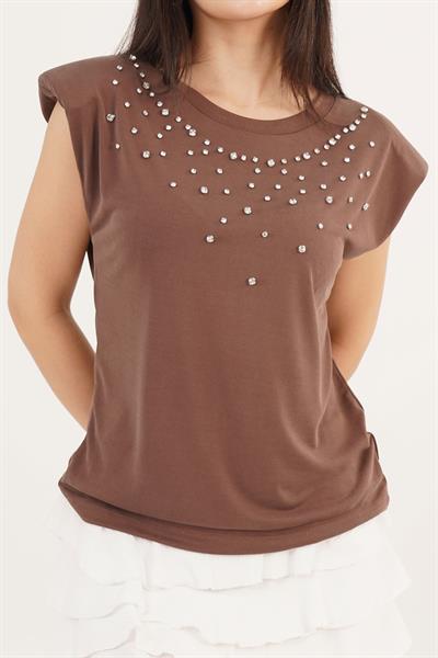 Vatkalı Taş Detaylı Modal Kahverengi Tişört
