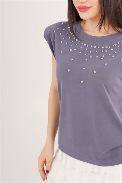 Vatkalı Taş Detaylı Modal İndigo Tişört