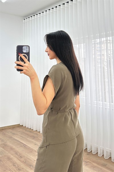 Modal Beli İp Bağlamalı Kruvaze Haki Bluz Pantolon İkili Takım 