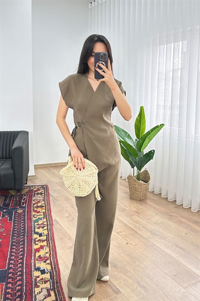 Modal Beli İp Bağlamalı Kruvaze Haki Bluz Pantolon İkili Takım 