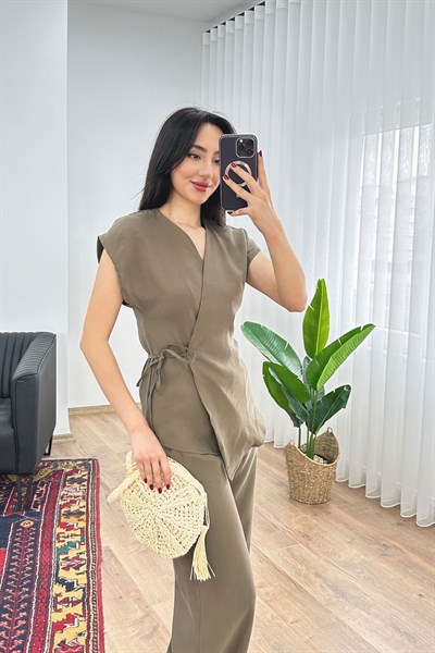 Modal Beli İp Bağlamalı Kruvaze Haki Bluz Pantolon İkili Takım 