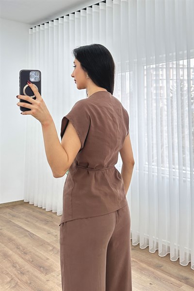 Modal Tek Düğme Kapamalı Oversize Kahve Takım