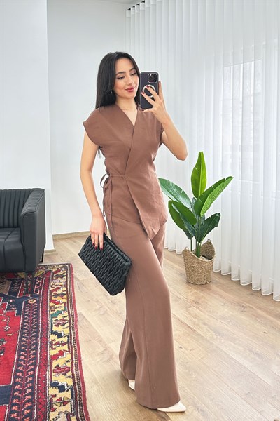 Modal Tek Düğme Kapamalı Oversize Kahve Takım
