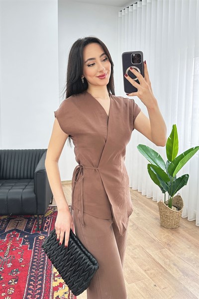 Modal Tek Düğme Kapamalı Oversize Kahve Takım