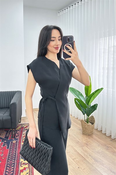 Modal Beli İp Bağlamalı Kruvaze Siyah Bluz Pantolon İkili Takım 