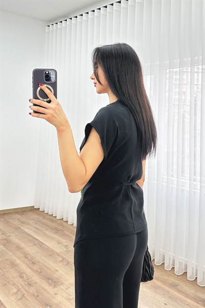 Modal Beli İp Bağlamalı Kruvaze Siyah Bluz Pantolon İkili Takım 