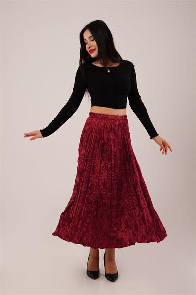 Modern Kırışım Midi Bordo Saten Etek