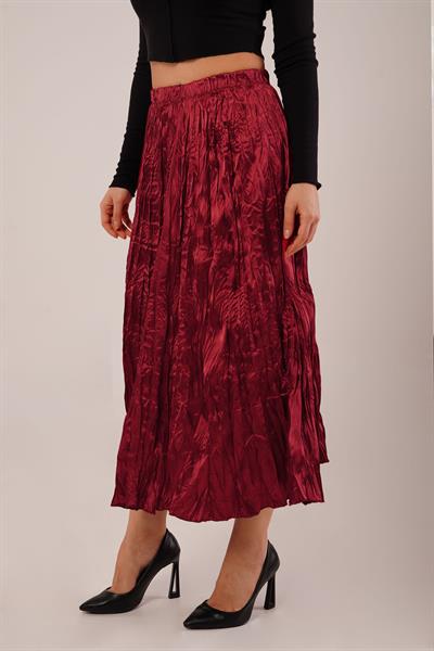 Modern Kırışım Midi Bordo Saten Etek