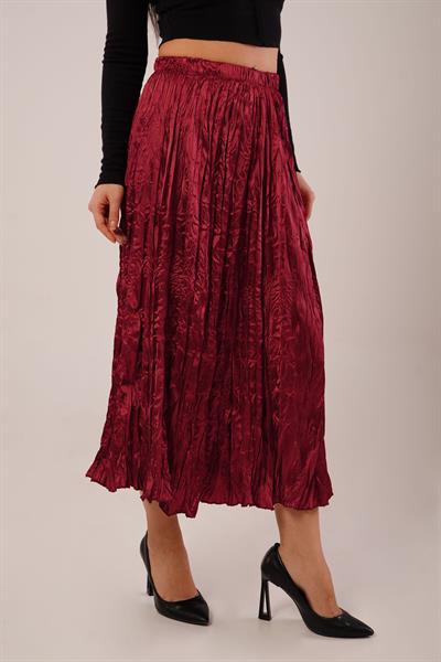 Modern Kırışım Midi Bordo Saten Etek
