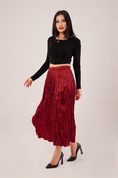 Modern Kırışım Midi Bordo Saten Etek