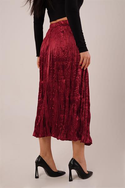 Modern Kırışım Midi Bordo Saten Etek
