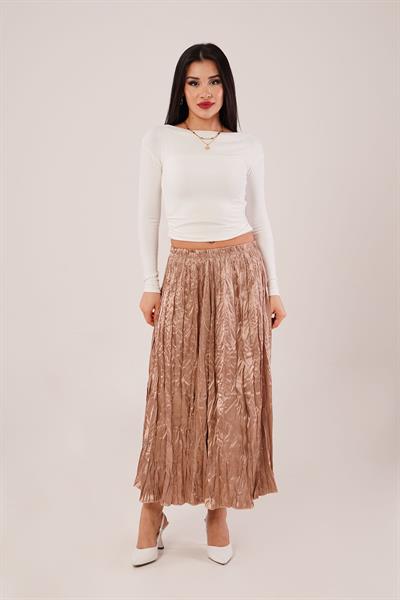 Modern Kırışım Midi Camel Saten Etek