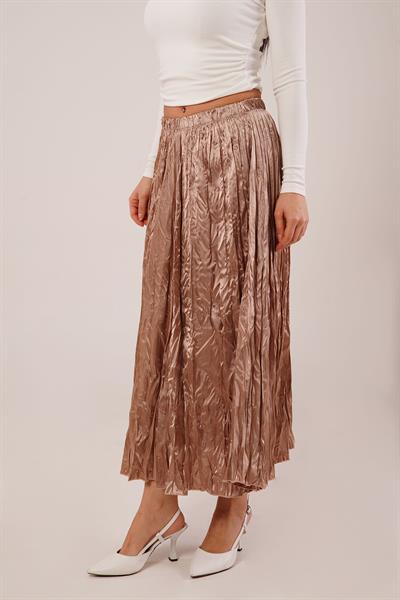 Modern Kırışım Midi Camel Saten Etek