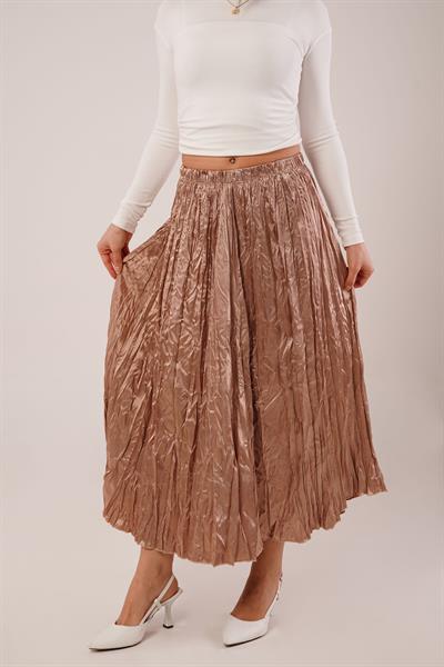 Modern Kırışım Midi Camel Saten Etek