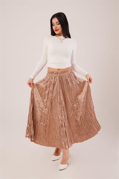 Modern Kırışım Midi Camel Saten Etek