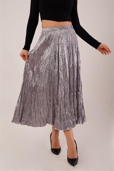 Modern Kırışım Midi Gri Saten Etek
