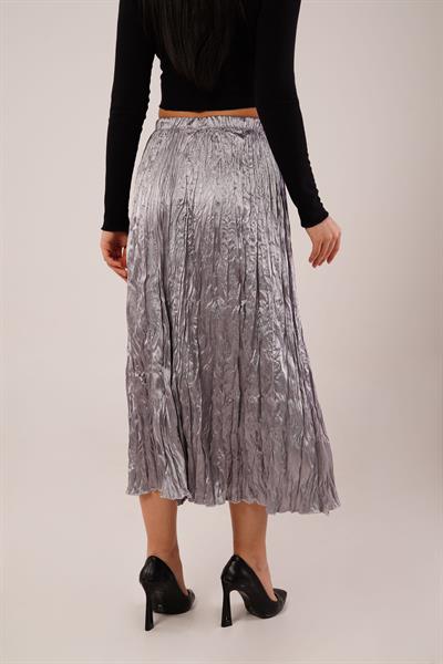 Modern Kırışım Midi Gri Saten Etek