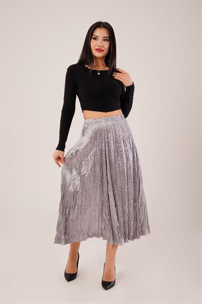 Modern Kırışım Midi Gri Saten Etek