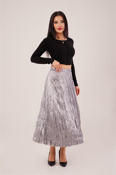 Modern Kırışım Midi Gri Saten Etek