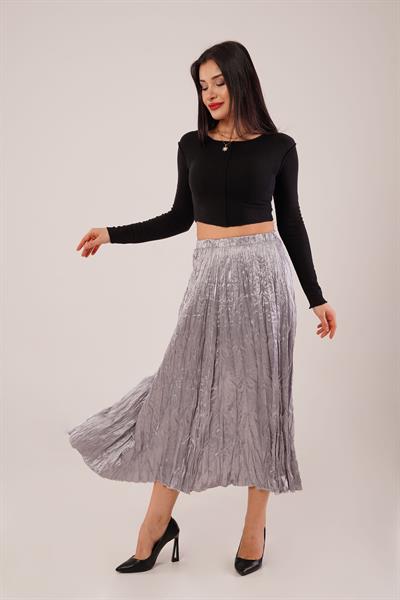 Modern Kırışım Midi Gri Saten Etek