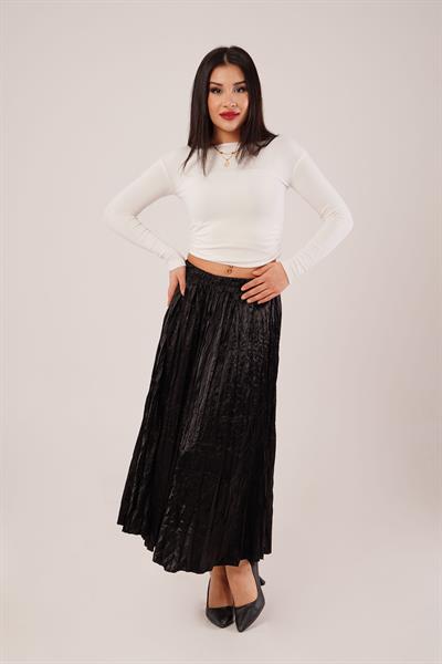 Modern Kırışım Midi Siyah Saten Etek