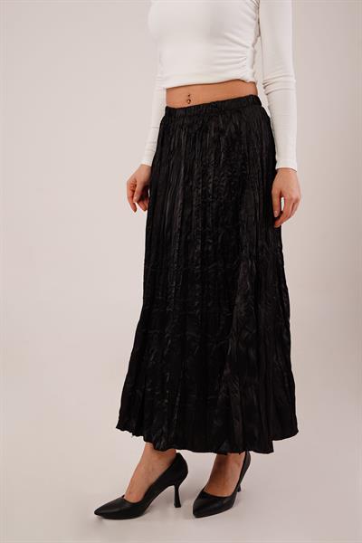Modern Kırışım Midi Siyah Saten Etek