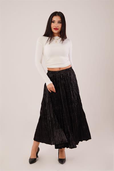 Modern Kırışım Midi Siyah Saten Etek