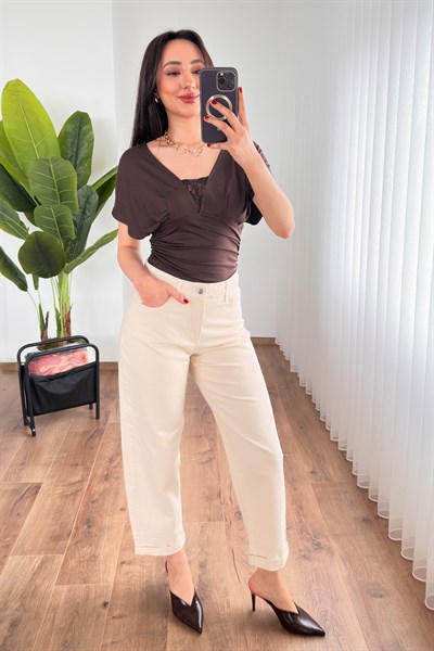 Mom Kalıp Gabardin Denim Bej Pantolon