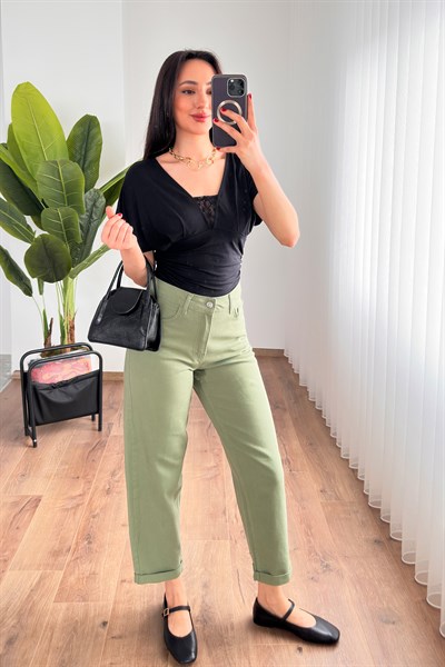 Mom Kalıp Gabardin Denim Haki Pantolon